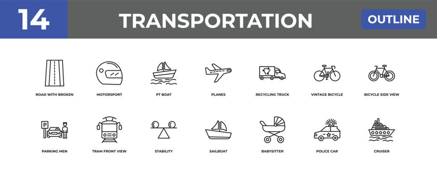 outline transportation icons set - road with broken lines, motorsport, police car. editable vector for web and mobile ui