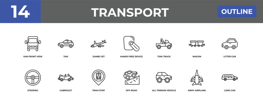 outline transport icons set - van front view, taxi, army airplane. editable vector for web and mobile ui