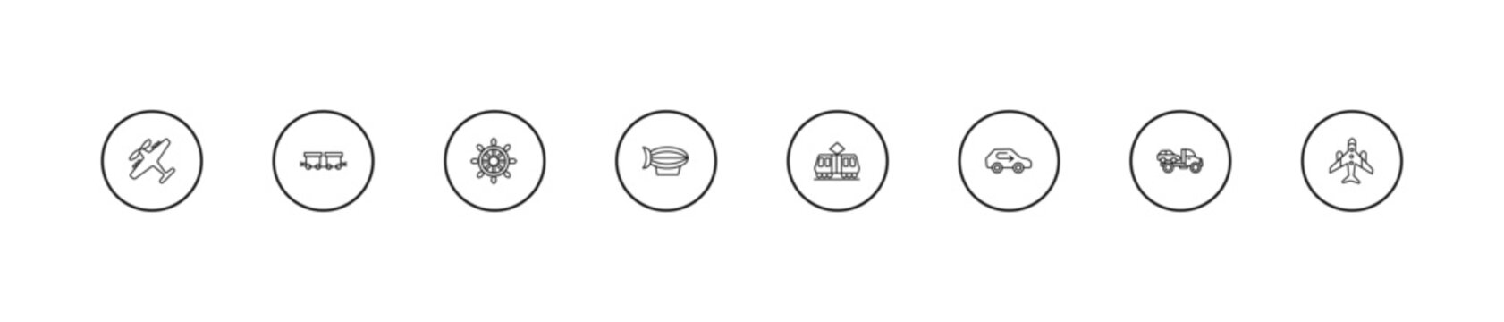 outline transport icons set - ship wheel, blimp, tramway. editable vector for web and mobile ui