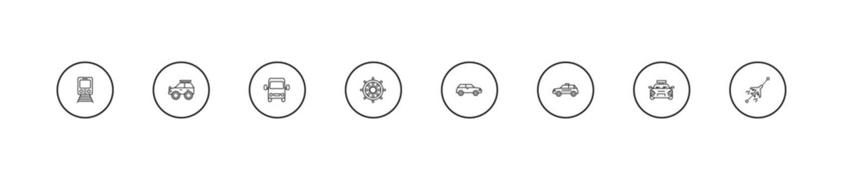 outline transport icons set - van front view, ship helm, car. editable vector for web and mobile ui
