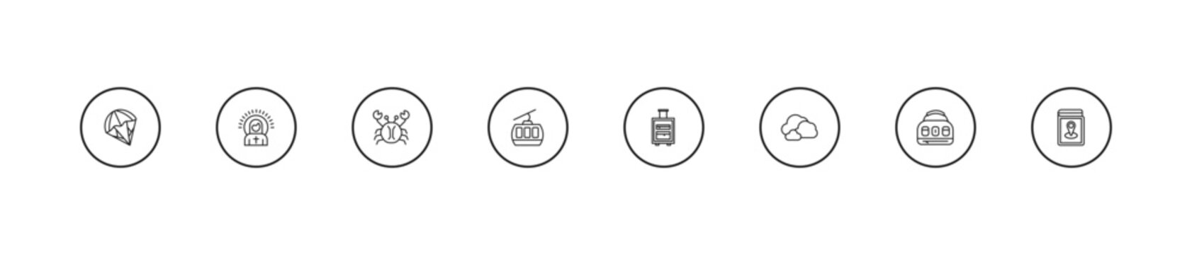 outline travel icons set - crab, cable car, suitcases. editable vector for web and mobile ui