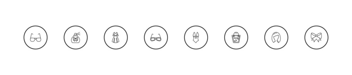 Fototapeta premium outline woman clothing icons set - vintage dress, glasses, swimsuit feminine. editable vector for web and mobile ui