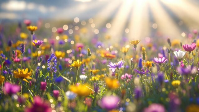 Wildflowers illuminated in golden meadow with radiant sun rays