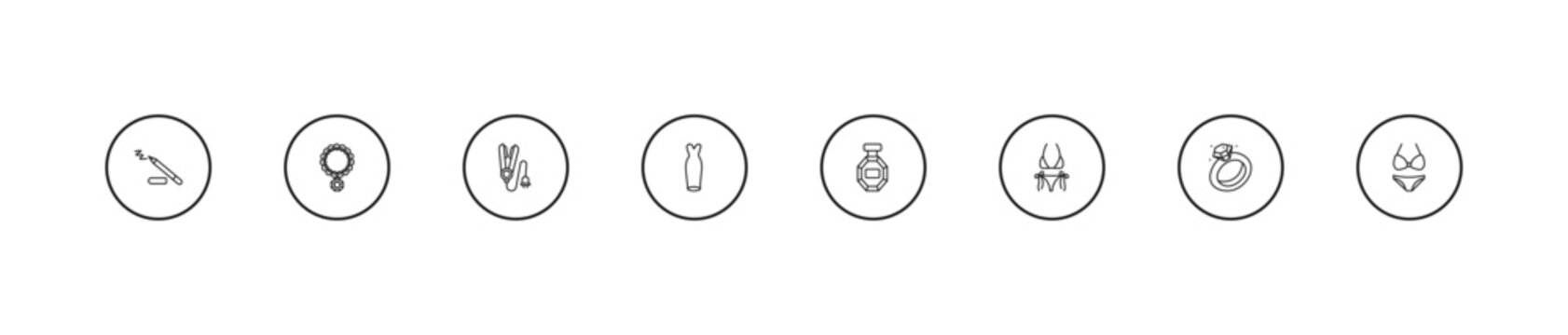 outline woman clothing icons set - hair iron, strapless tube dress, stylish perfume bottle. editable vector for web and mobile ui