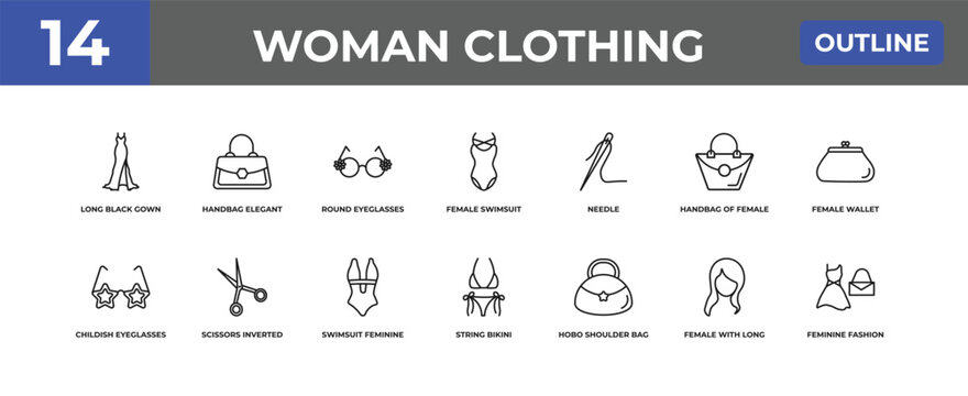 outline woman clothing icons set - long black gown, handbag elegant, female with long hair. editable vector for web and mobile ui