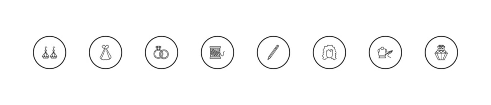 outline woman clothing icons set - engagement ring, thread spool, eyes makeup pencils. editable vector for web and mobile ui