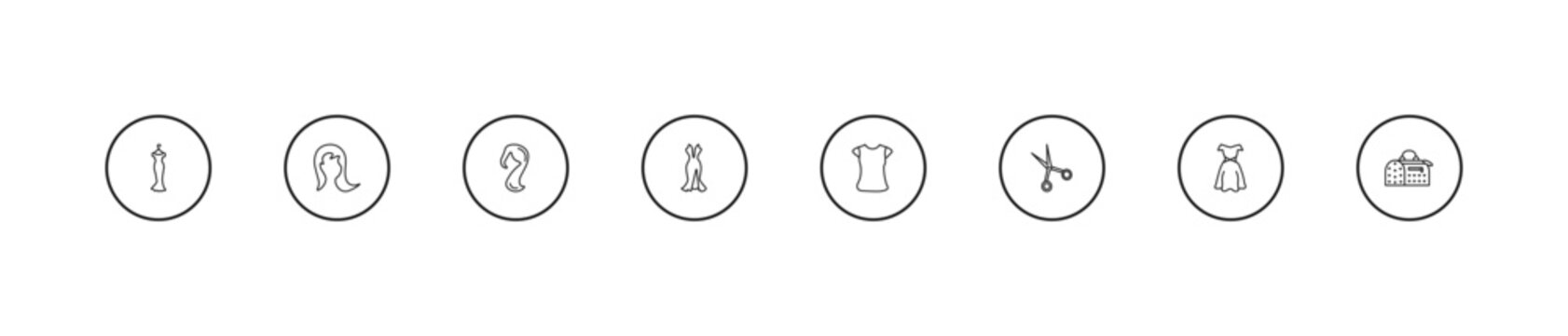 outline woman clothing icons set - female long black hair, sexy female dress, polo shirt for women. editable vector for web and mobile ui