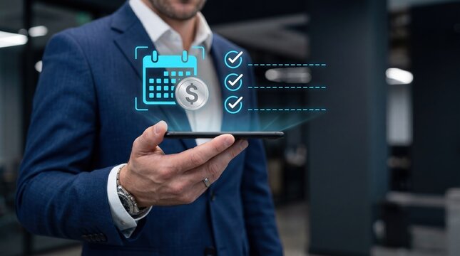Businessman holding smartphone with holographic calendar and dollar coin symbolizing financial planning, billing, and subscription management