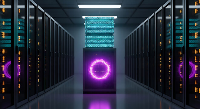 symmetrical data center aisle with illuminated server racks and glowing circular display