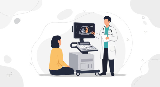 Doctor shows pregnant woman ultrasound scan of baby on screen