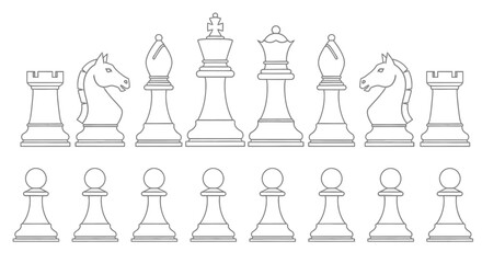 chess pieces set in black and white line art high quality © Ziaul_Studio