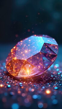 A close up of a diamond on a glittery surface.