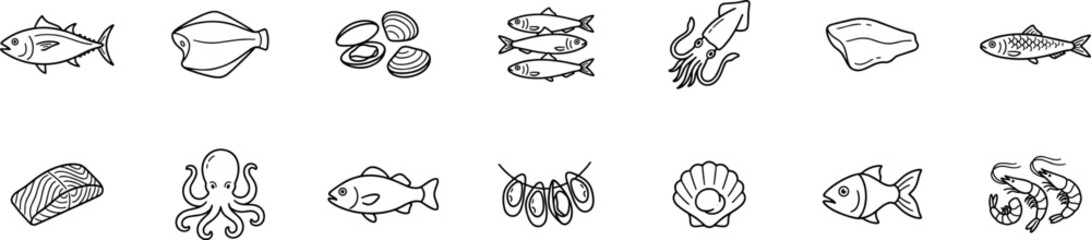 seafood icons set with fish shrimp octopus squid and marine food elements on transparent background © Kateryna