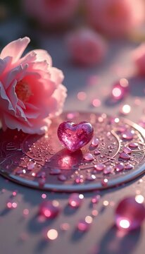 A pink heart sitting on top of a silver plate.