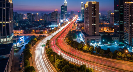 Obraz premium Night time city skyline with bright lights and busy street
