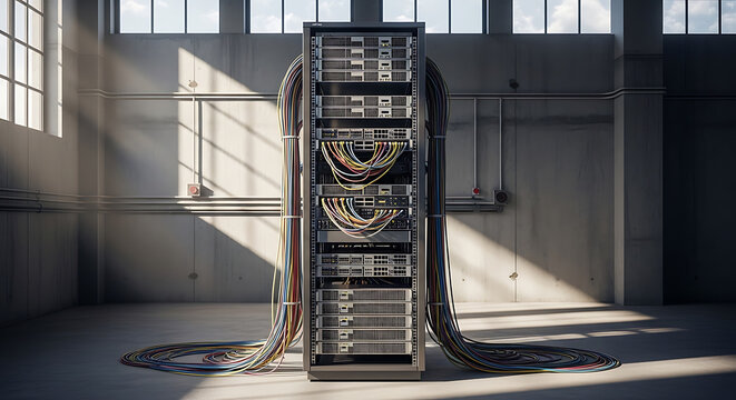front view of a server rack with numerous cables in an industrial space