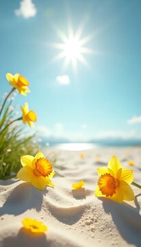 A group of yellow daffodils sitting on top of a sandy beach.