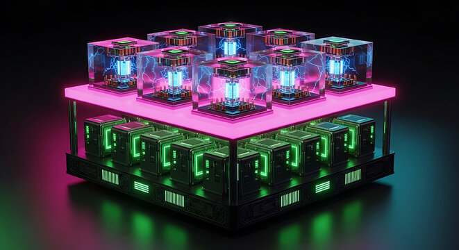 advanced quantum computing platform with glowing neon lights and complex circuitry high quality professional