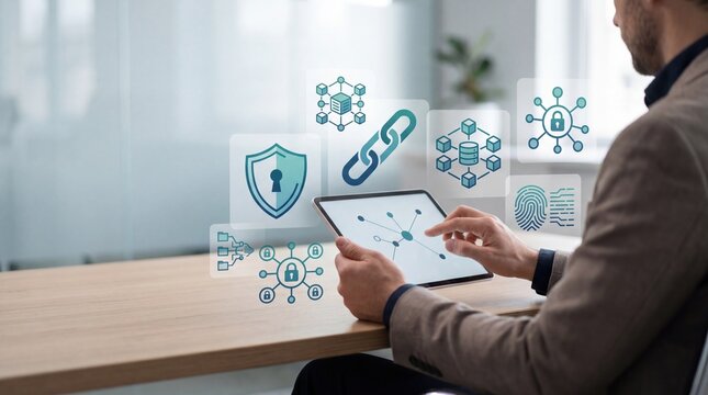 Businessman using tablet with blockchain security icons, data protection network concept, digital encryption and cyber safety technology in modern office environment for secure