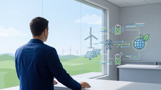Businessman looking at window with renewable energy icons, wind turbines and solar panels in background, sustainable power concept