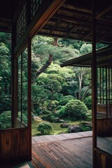 Fototapeta premium Zen Buddhism, meditation, inner peace, Chinese Japanese Asian tradition. Therapy stress release treatment, health lifestyle. A Japanesestyle room with a wooden floor, glass windows.