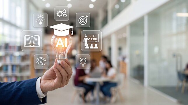 Hand holding glowing light bulb with artificial intelligence text and graduation cap surrounded by floating education icons representing e-learning, online courses, brain power