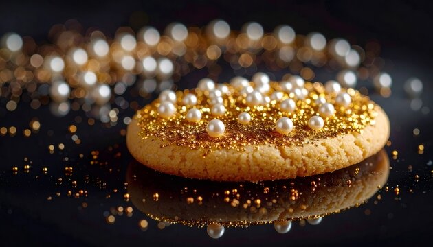 Sugar cookie decorated with gold glitter and pearls