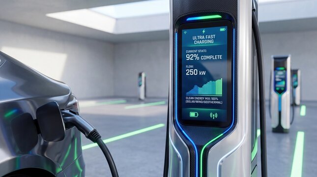 Ultra fast electric vehicle charging station screen display showing battery percentage and power flow, modern eco-friendly technology infrastructure, sustainable energy solution