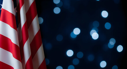 Fototapeta premium Close-up of American Flag with Bokeh Lights on Dark Background, Patriotic Symbol