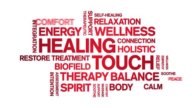 Healing Touch animated word cloud-text design animation tag kinetic typography seamless loop.
