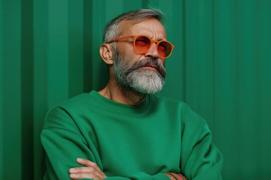Older man wearing orange sunglasses standing by green wall