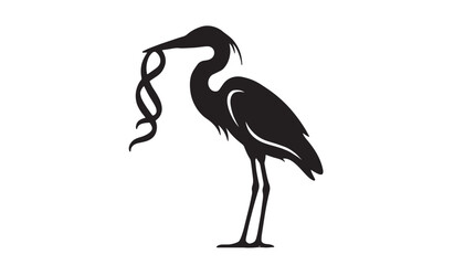 Obraz premium Ribbon Beak Heron Silhouette vector illustration of a majestic heron bird standing tall while holding a long slender snake in its beak for a wildlife nature, Editable Vector Stroke Illustration.