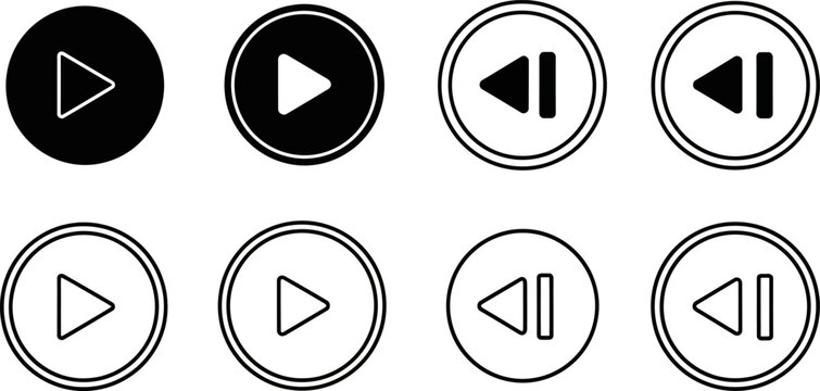 Outline icons for media playback controls play pause reverse buttons with play button, media control