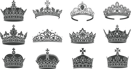 Collection of ornate royal crowns and tiaras vector illustrations with princess monarchy heraldry © RINA