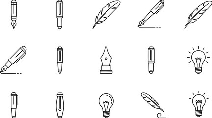 Collection of writing and idea generation icons including pens and light bulbs with light bulb © RINA