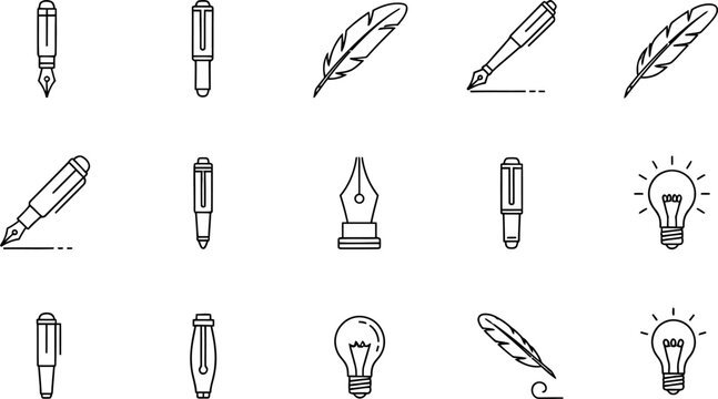 Collection of writing and idea generation icons including pens and light bulbs with light bulb