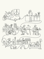 Naklejka premium Editorial vector line art collection of human activity silhouettes with different people, graphic illustration of diverse daily motions in EPS format, black minimalist isolated outlines.