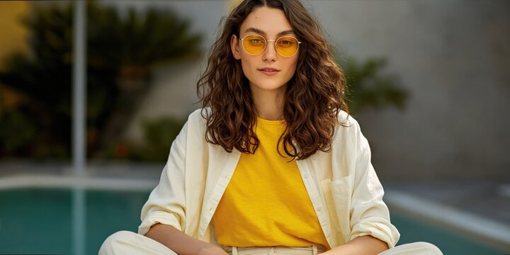 Woman wearing yellow top standing near poolside courtyard