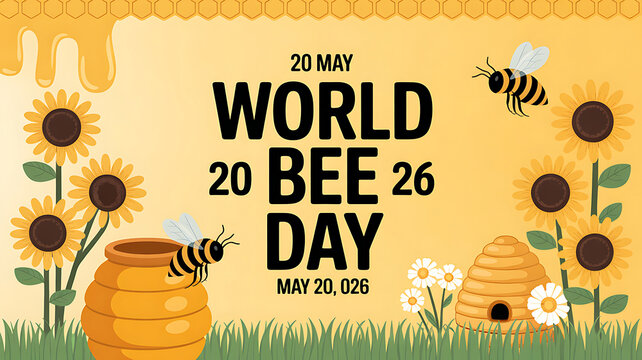 World bee day illustration with bees sunflowers honey pot and hive on yellow background with green grass