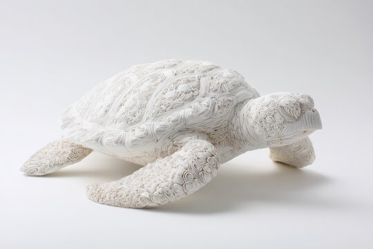 White sculpted turtle with intricate shell pattern on plain background