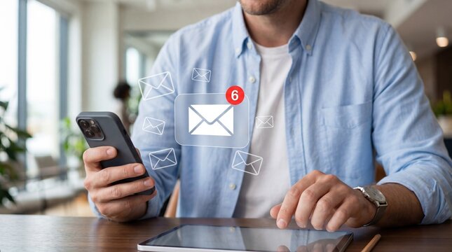 Man checking email notifications on smartphone and tablet in modern office, digital communication concept