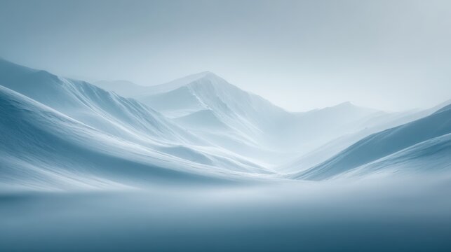 Winter season adventure exploration. A digital artwork of a snowy mountain range with a gradient of blue and white hues, creating a serene and tranquil atmosphere.