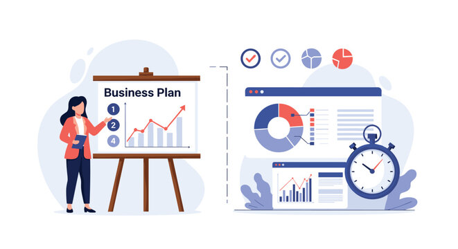 Professional woman presenting a comprehensive business plan with growth charts and time management icons on a white background illustration.