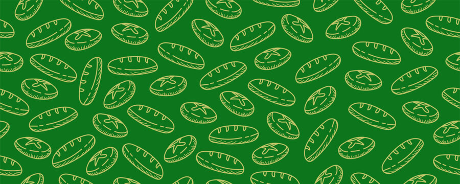 Hand drawn green bread background. Bread seamless pattern. Bakery wallpaper, backdrop, packaging or food wrapper