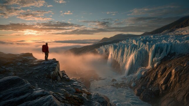 Winter season adventure exploration. A person standing atop a rocky outcrop, wearing a red jacket and black pants, with a backpack, gazing at a majestic Perito Moreno Glacier at sunset.