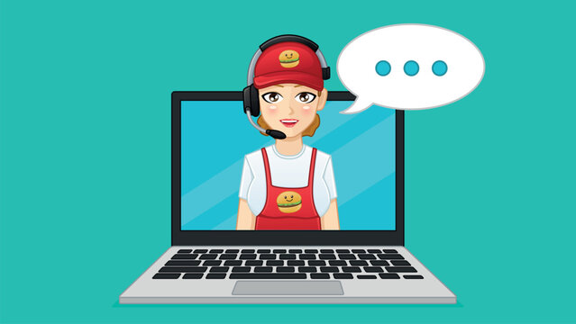 Ordering food via laptop. Customer support woman takes an order via online connection. A fast food employee on a laptop screen. Vector illustration in flat design style.