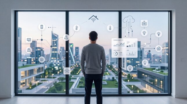 Smart home internet of things concept, man standing by window looking at city skyline with digital overlay of connected devices, energy monitoring system, cloud computing and