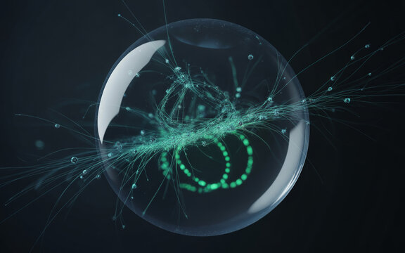 Abstract digital globe with green data streams and binary code particles