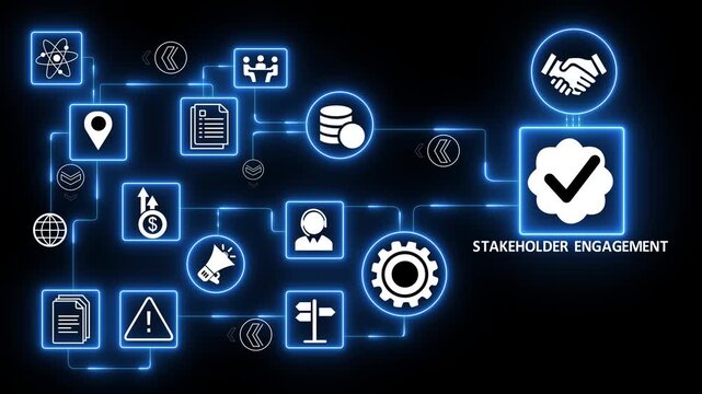Stakeholder engagement strategy with communication and relationship management workflow for business collaboration and organizational development.