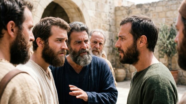 Saul arriving in Jerusalem to meet the disciples. Biblical scene depicting fear and distrust of a former persecutor. Historical reenactment of an ancient encounter from Acts 9.